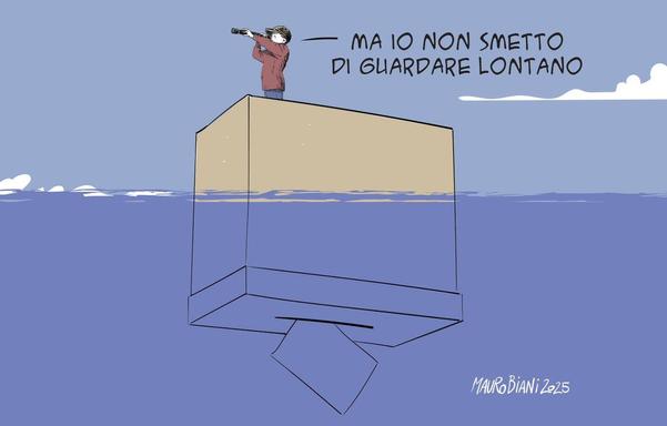 Nel disegno, un uomo di vedetta con un cannocchiale su un'urna rovesciata in mezzo al mare afferma: "Ma io non smetto di guardare lontano".