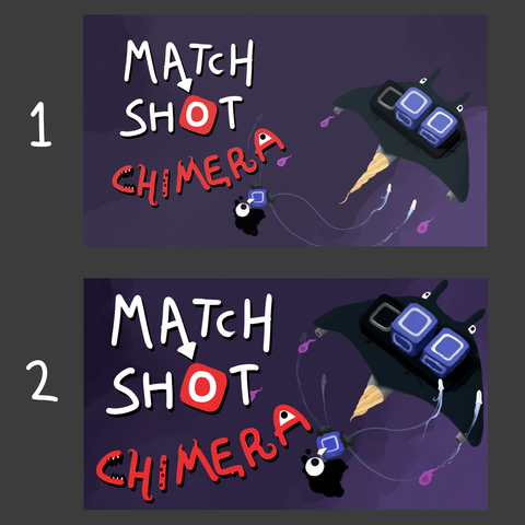 Two capsule arts for Match Shot Chimera. The bottom has a bigger logo, is more zoomed in on its subjects, and has higher contrast.