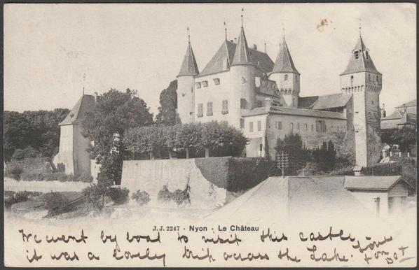 Printed monochrome postcard showing a view of the Château at Nyon in Vaud, Switzerland.

Published by Jullien Frères, Genève, No J.J. 2247, undivided back.

Postally used on 30 August 1904 with Genève Express Lettre cancellations on red 10 centimes stamp and sent to Miss Arculus, The Elms, Solihull, Birmingham, Angleterre.

Good condition, with very slight corner bumps and light album marks.