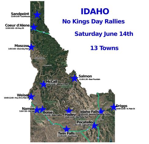 IDAHO - No Kings Day Rallies- June 14th, 2025
NEW! Pocatello
#Boise #CoeurD'Alene #Driggs #Hailey #IdahoFalls #McCall #Moscow #Nampa #Pocatello #Salmon #Sandpoint #TwinFalls #Weiser
www.mobilize.us/nokings/
www.nokings.org
#idaho #50501id #IDPol #idNews #mobilize #indivisible #June14th