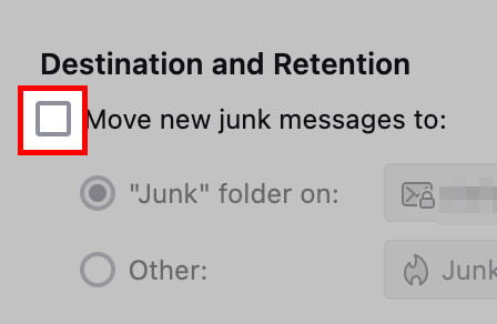 Screenshot from Mozilla Thunderbird's global junk settings. A checkbox labelled 'Move new junk messages to' is deactivated.