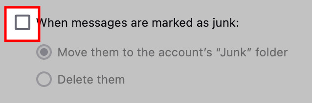 Screenshot from Mozilla Thunderbird's junk settings. A checkbox labelled 'When messages are marked as junk' is deactivated.
