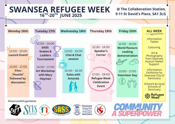 Chart showing the different events, day be day, taking at The Collaboration Station in St David's Place, Swasea, for Refugee Week from the 16th to the 20th June. 
The information is given with full details on the webpage linked to from this toot. That would probably make more sense for screen reading software than me trying to transpose it here.