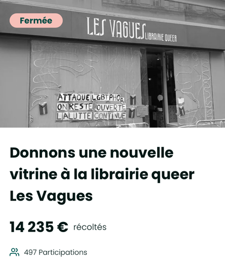 Capture de la page de la cagnotte de la librairie queer "Les Vagues" vandalisée par des facho. Iels ont récupéré 14225€ de dons, la cagnotte est fermée.