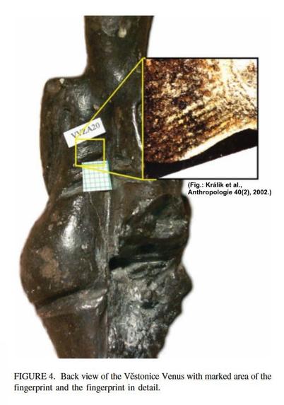 Figure from the scientific paper linked in skeet, showing a close-up of the so-called Vestonice Venus' back. An area where a fingerprint  has been presevered, is marked. Next to it, the fingerprint is depicted in detail.