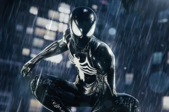 Screenshot from Spider-Man 2, Spider-Man is in the rain wearing the symbiote suite.