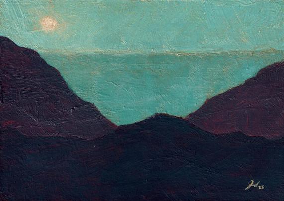 A painted nocturnal desert scene: The view of a valley from the mountains above looking almost like a sea under the rising moon.