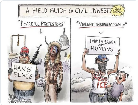 Cartoon is titled "A Field Guide to Civil Unrest - 2nd ed."
On the left: "Peaceful protestors" (armed Jan. 6 rioters, one carrying a sign saying "Hang Pence").
On the right: "Violent insurrectionists" (protestor in "End ICE" t-shirt, with crying child holding on, carrying sign saying "Immigrants are humans")