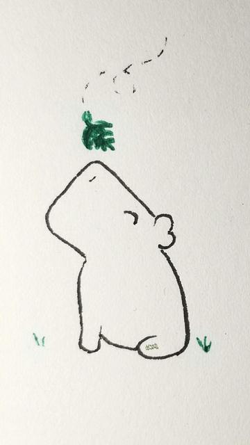 Ink doodle of a calm Capybara touching grass while the wind swirls leaves around.