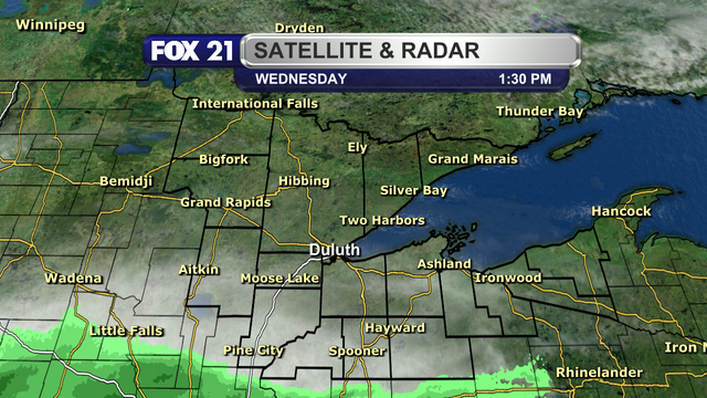 The satellite and radar over the Northland at 1:30 p.m. on Wednesday, June 11, 2025, shows clear skies for locations north of Highway 2 and the Upper Peninsula.  Clouds are covering the I-35 corridor and northwest Wisconsin regions as showers are missing the area just to the south.