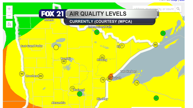 Air quality levels in the Northland just after 1 p.m. on June 11, 2025, shows moderate levels for many locations.  One sensor in the Duluth region is just above 100, putting it in the "Unhealthy for Some" category.