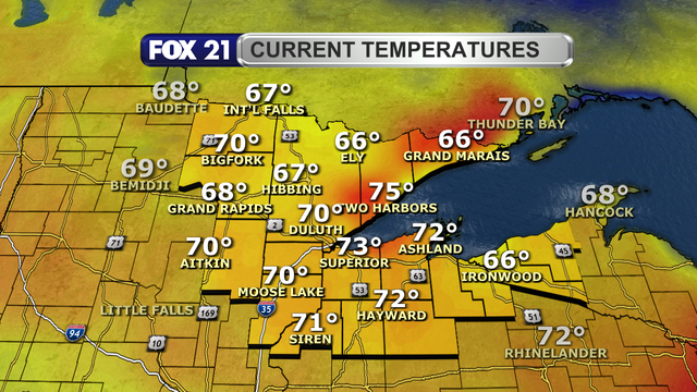 Temperatures in the Northland just after 1 p.m. on June 11, 2025, range from 66 to 75 degrees Fahrenheit.