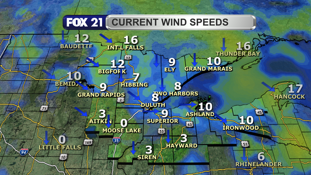 Wind speeds in the Northland just after 1 p.m. on June 11, 2025, range from calm to 16 mph, increasing in strength as one travels south to north over the region.  Wind direction is primarily from the north and northwest.