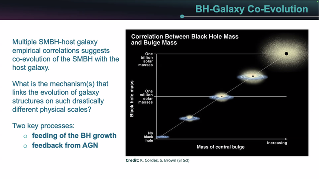 BH-Galaxy Co-Evolution
Multiple SMBH-host galaxy empirical correlations suggest co-evolution of the SMBH with the host galaxy. 
What is the mechanism(s) that links the evolution of galaxy structures on such drastically different physical scales? 
Two key processes: 
• feeding of the BH growth 
• feedback from AGN 
Correlation Between Black Hole Mass and Bulge Mass. A line connects galaxies of increasing mass of central bulge: On scales of no black hole, one million solar masses, one billion solar masses.