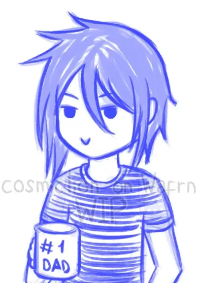 Digital doodle in blue tones of Sebastian Michaelis from Black Butler, drawn in chibi style from the waist up. He is wearing a short-sleeved t-shirt with horizontal stripes and holding a mug that says "#1 dad". The background is white.