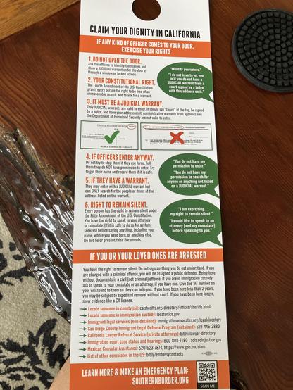 Door flyer listing rights regarding police and ICE etc. if they come to one’s door.