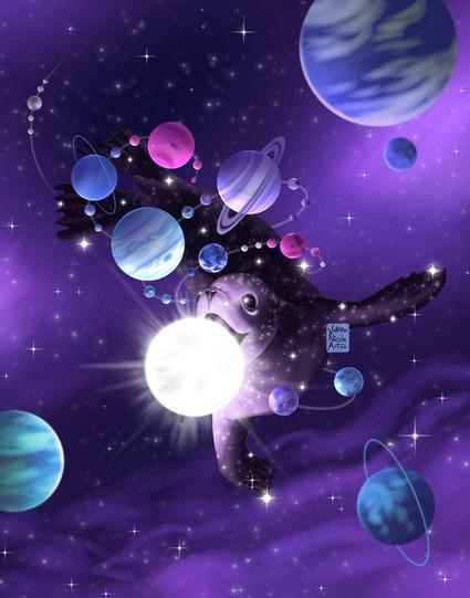 A digital painting by me of a seal "swimming" in space. The seal is black with realistic white stars on its body. Its mouth is open toward a large white glowing star in front of its face. Eight planets and their moons are swirling around the seal. The planets and their moons are alternating colors of purple, teal, blue, and pink. The background is a purple starry space-scape with three large teal and blue planets.