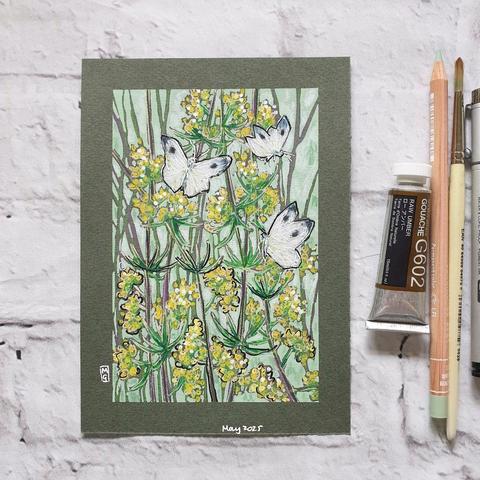 A small illustrative style drawing of three cabbage white butterflies on yellow flowers with a green background.
The large white, also known as the Cabbage White is a common, large, white butterfly that is often spotted flying slowly over cabbage patches in gardens, allotments and farmland. Adults fly between April and October.
An original art work
Colour pencil and mixed media on acid free toned artist paper
5 by 7 inches (12.7 by 17.8 cm).
Sold unframed