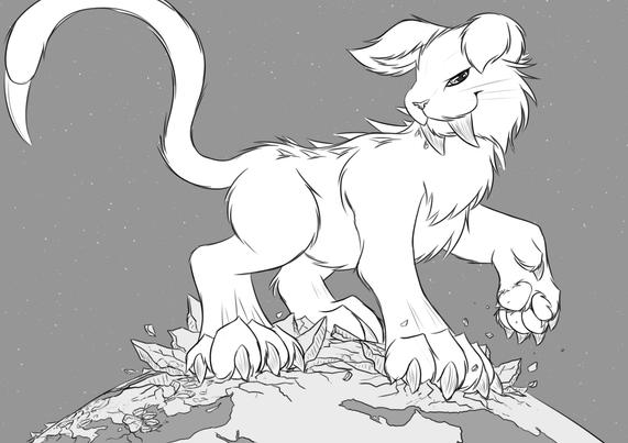 A side view of Fang standing on the planet. Half of Europe and Asia under his paws.