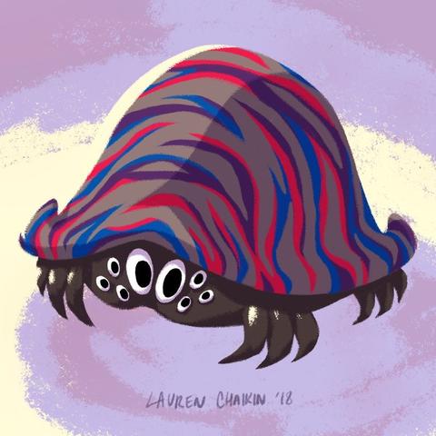 And a comic artist's rendition of the above Roomba with purple and blue stripes showing a tiger striped crab-like crustacean of some type with many eyes
