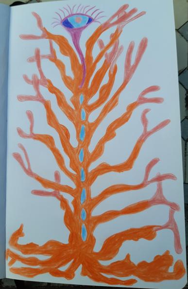 Die Buntstiftzeichnung zeigt ein   Baum-artiges, einäugiges, weinendes Wesen mit Hang zur Nachdenklichkeit.