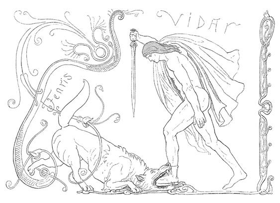 Víðarr uses his thick boot to slay Fenris. Illustration by Lorenz Frølich.