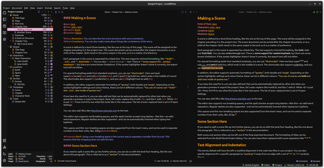 A screenshot of a writing application with a lot of example text, highlighted in colours similar to those on displays in Star Trek The Next Generation.