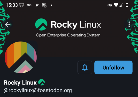 Rocky Linux's mastodon page with the pride logo that is the pride flag rotated and crop into a circle.