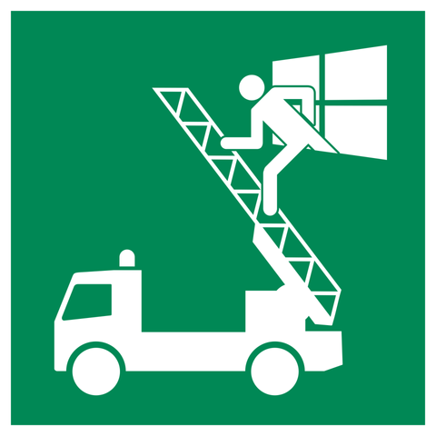 German Green emergency exit sign. 
A Stickfigur is climbing out of a window in form the windows logo to a fire truck