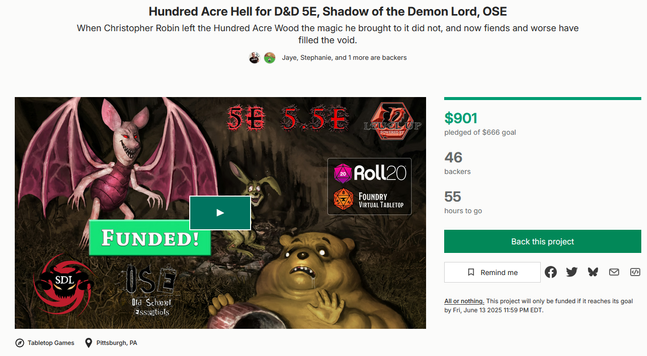 Screenshot from the Hundred Acre Hell for D&D 5E, Shadow of the Demon Lord, OSE Kickstarter project page. It has funded $901 out of a $666 goal thanks to 46 backers. 55 hours remain.