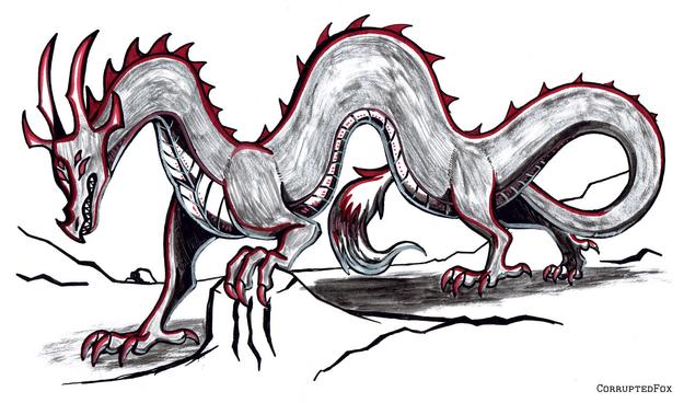 A full body of a dark long dragon. Traditionally drawn.