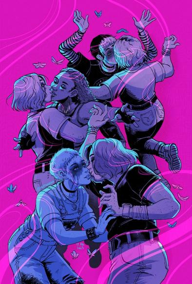 A somewhat surreal fanart of Lost Records: Bloom and Rage depicting Swann dancing and kissing (or about to be kissing) Nora, Autumn and Kat on a pink background. There are moths flying around them.