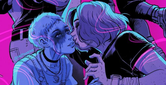Close up of Kat and Swann about to kiss.