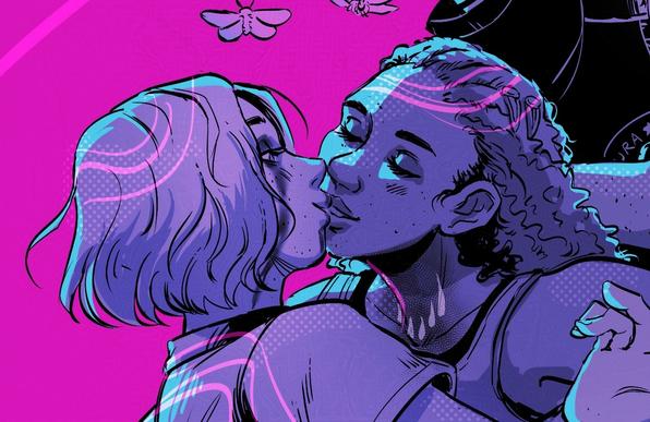Close up of Autumn and Swann kissing.