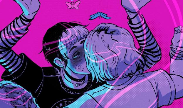 Close up of Nora and Swann kissing.