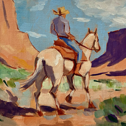 A small acrylic painting of a lone cowboy on horseback overlooking a colorful desert landscape.