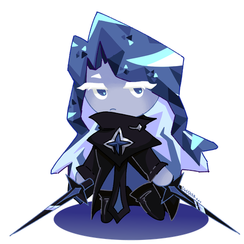A digital illustration of Cobalt Cookie, a character from the mobile gacha game Cookie Run Kingdom. He is standing at attention with a stoic expression while holding 2 swords at the ready. The background is transparent.