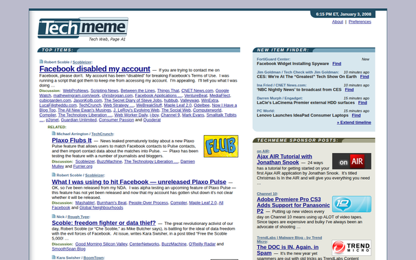 Screenshot of techmeme.com on January 03, 2008