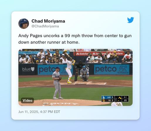 Andy Pages uncorks a 99 mph throw from center to gun down another runner at home. https://t.co/3SLfos1Gia