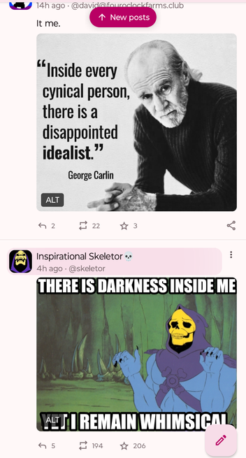 Two successive posts in Mastodon feed. The first, posted by @david@fouroclockfarms.club, is a black and white photo of George Carlin with the quotation, "Inside every cynical person is a disappointed idealist." With the image, David adds, "It me." The second post is from Inspirational Skeletor and has a picture of Skeletor with his hands curled. The post says, "There is darkness inside me, yet I remain whimsical."