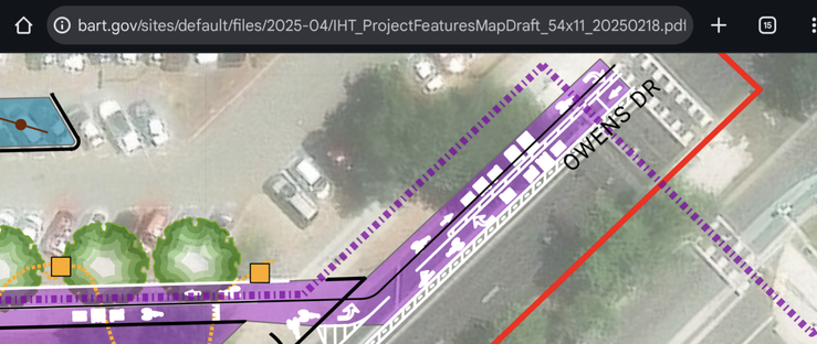 Map of proposed bicycle and pedestrian route showing dashed lines,  directional bicycle icons and arrows. It is overlayed on an aerial photo of the street and parking lot.