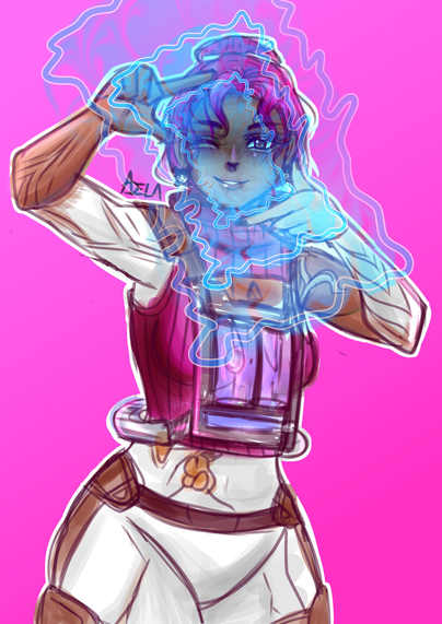 The image features a character with vibrant blue and pink hair, wearing a white and pink outfit with brown accents. The character is holding a transparent, glowing object in front of their chest, surrounded by blue electrical energy. The background is a solid pink color, enhancing the character's colorful appearance. The character's attire includes a white long-sleeved shirt with a pink vest, brown shoulder pads, and white pants with brown straps. The character's pose is dynamic, with arms raised and hands positioned near the head, suggesting an action or power being activated. The overall style is cartoonish and vibrant, with bold lines and bright colors.