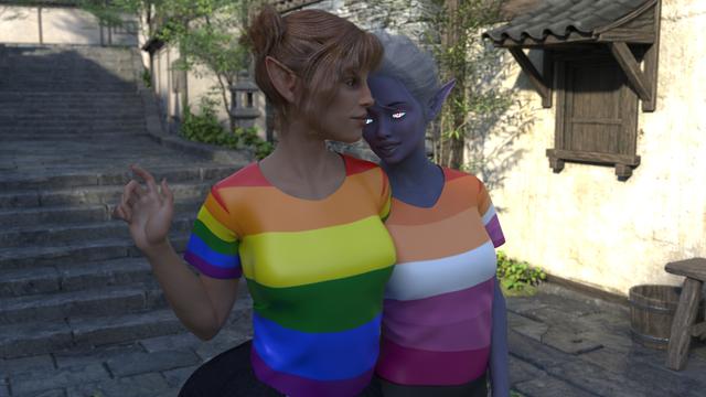An elf Girl wearing a Rainbow Shirt with a Drow girl wearing the "lesbian" colours