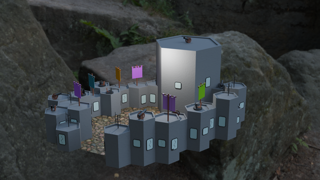 A hexagon-based building made in Blender.
Grey buildings, against a rocky background.
Various guns, aerials and banners adorn the rooftops.