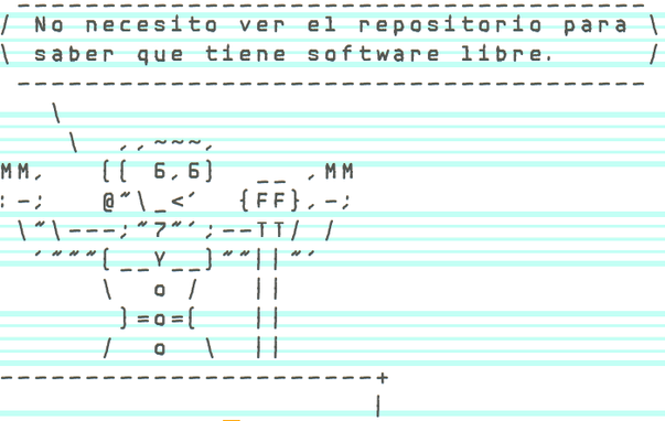 Un impreso de un arte ASCII en papel continuo barrado color verde de una Evita en el balcón que dice: "No necesito ver el repositorio para saber que tiene software libre."