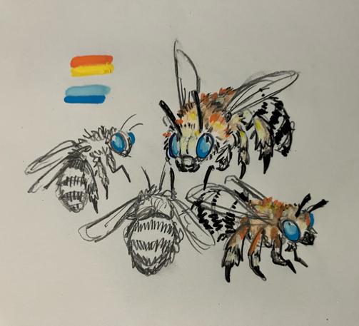 a couple colored sketches by me (no ai) of said bee. their butts are b&w striped but their backs a yellow gold fuzz, and their eyes can be very blue.