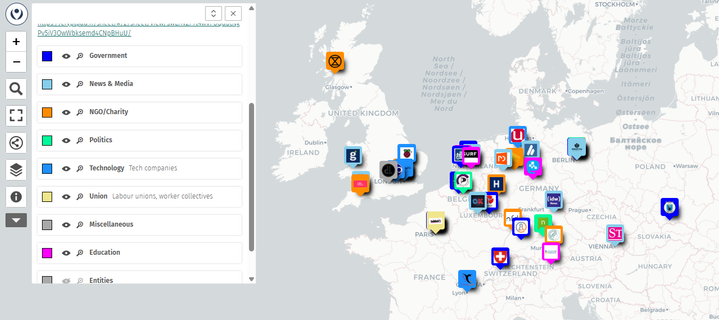 A screengrab of a portion of the map that shows the location of organisations that self-host, showing the new categories e.g. Government, Union, Technology.