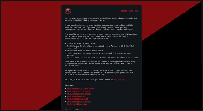 Screenshot of a dark-themed webpage featuring a personal profile of Erik L. Midtsveen, who identifies as anarcho-syndicalist, gender-fluid, bisexual, and autistic individual. The page highlights their hyperfixation on the song "Loin d'ici" by Zoé Straub, lists dislikes such as capitalism and consumerism, and includes social media handles and a link to nsf-iaa.org. The layout shows text on the left and a small profile image on the right, conveying personal expression with a mix of humor and seriousness.