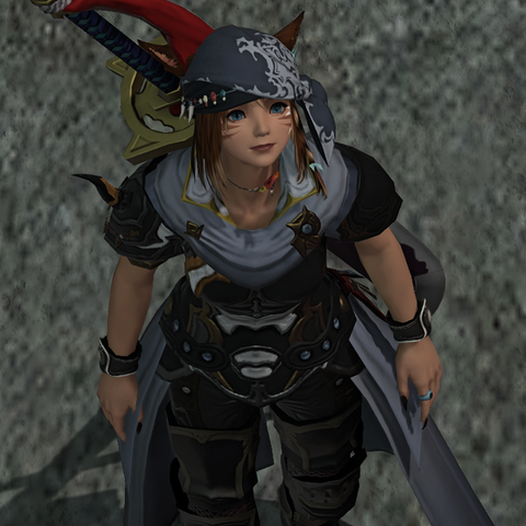 My second Miqo'te from FFXIV - the camera is looking down on her as she looks upwards. She's dressed in a sort of casual-yet-armoured outfit.
