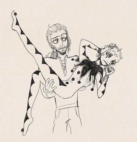 Boceto digital de Bauik con cara de "qué carajos" mientras sostiene a Ciro haciendo una pose de drama total. Ciro tiene puesto un traje de arlequín, pestañas postizas y un montón de pulseras, aros y anillos.
